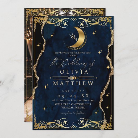 Hemelbruiloft Blauw en Goud Foto Bruiloft Kaart (Voorkant / Achterkant)