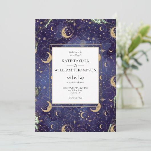 Hemelbruiloft met gouden sterren en maan kaart (Staand voorkant)