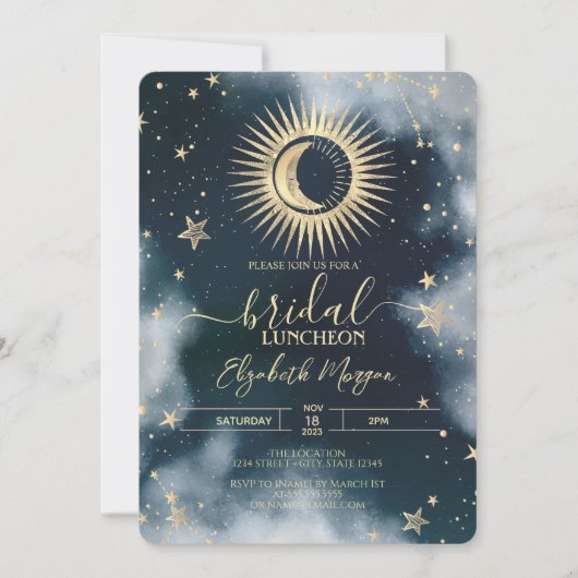 Hemelgoud Zon, Maan, Sterren Nacht Sky Bridal Kaart (Voorkant)