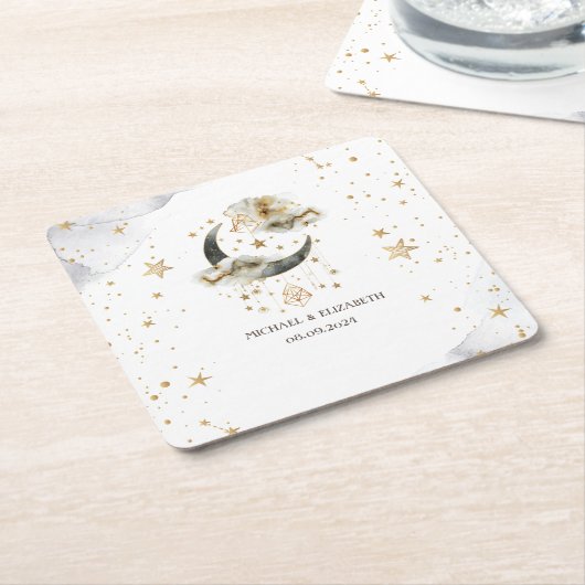 Hemelgouden maansterren kartonnen onderzetters (Schuin)