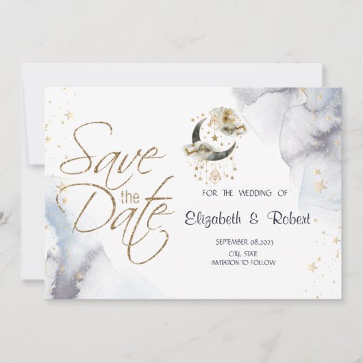 Hemelgouden maansterren save the date (Voorkant)