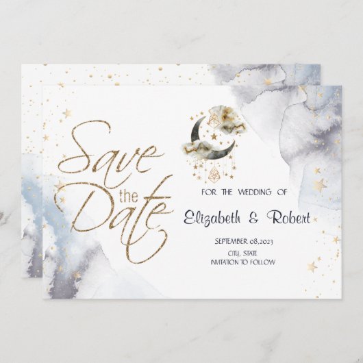 Hemelgouden maansterren save the date (Voorkant / Achterkant)