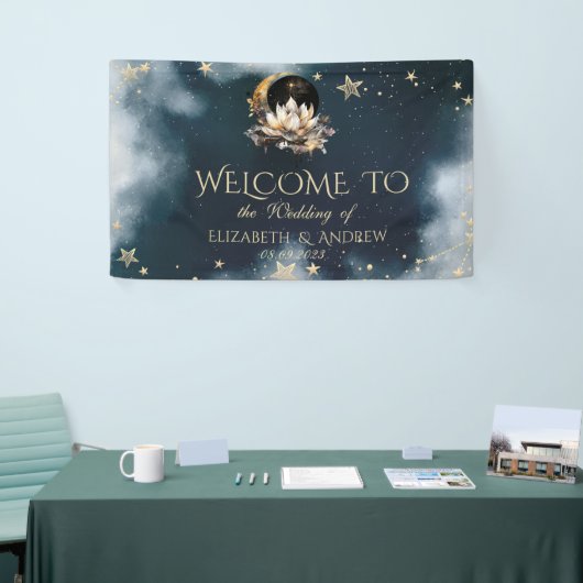 Hemelgouden zon en maan sterren Lotus Night Sky Spandoek (Beurs)