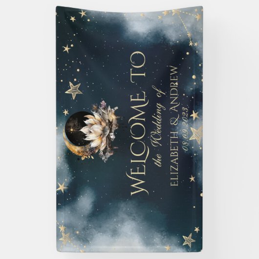 Hemelgouden zon en maan sterren Lotus Night Sky Spandoek (Verticaal)