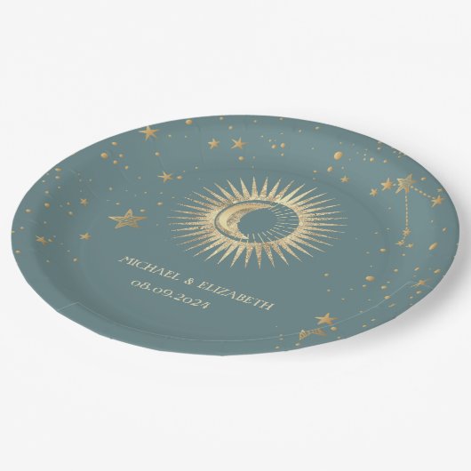 Hemelgouden zon en maan sterren Mint Green Papieren Bordje (Gekanteld)