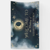 Hemelgouden zon en maan sterren nacht hemel spandoek (Verticaal)