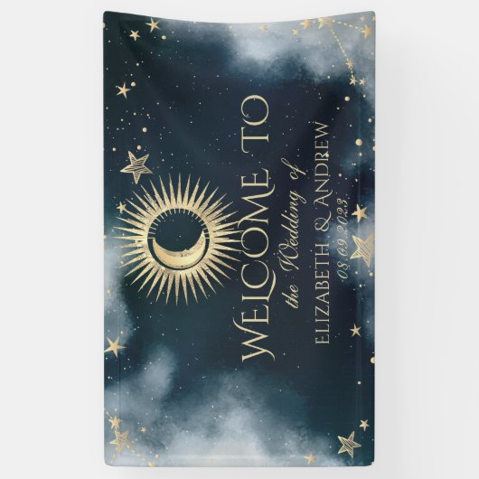 Hemelgouden zon en maan sterren nacht hemel spandoek (Verticaal)