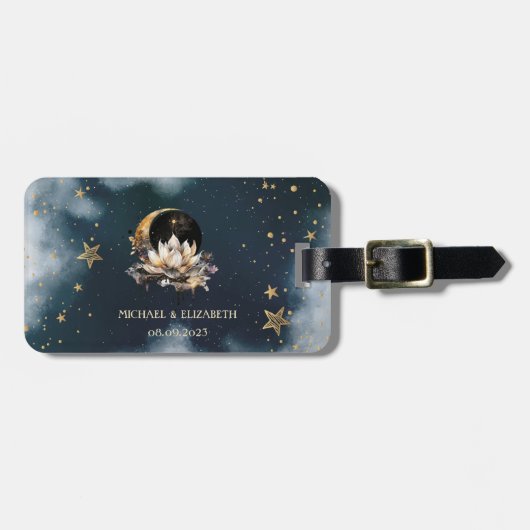 Hemelgouden zon, maan, sterren Lotus Night Sky Bagagelabel (Voorkant horizontaal)