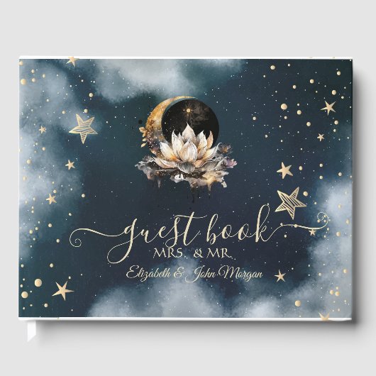 Hemelgouden zon, maan, sterren Lotus Night Sky Gastenboek (Voorkant)