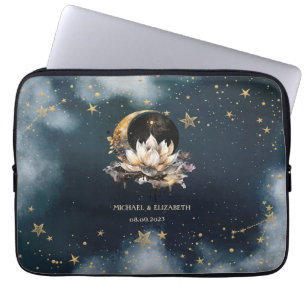 Hemelgouden zon, maan, sterren Lotus Night Sky Laptop Sleeve