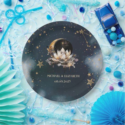 Hemelgouden zon, maan, sterren Lotus Night Sky Papieren Bordje (Feest)