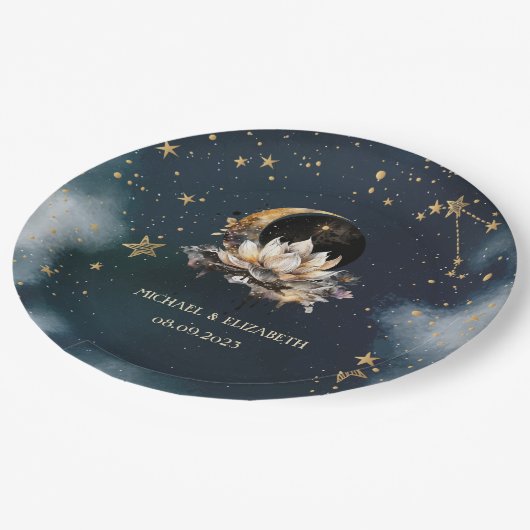 Hemelgouden zon, maan, sterren Lotus Night Sky Papieren Bordje (Gekanteld)