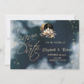 Hemelgouden zon, maan, sterren Lotus Night Sky Save The Date (Voorkant)