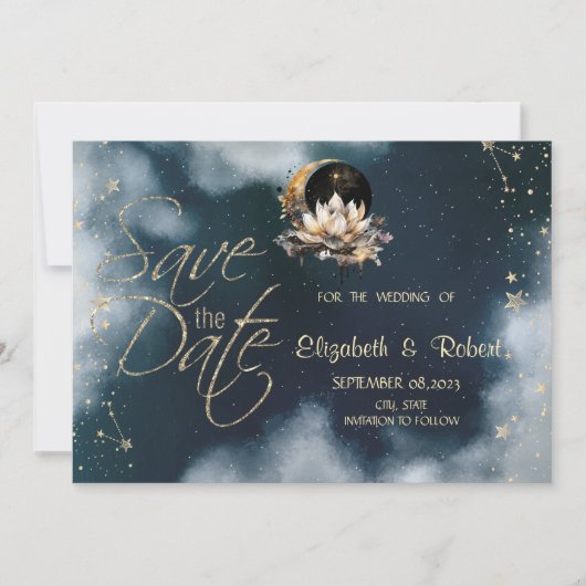 Hemelgouden zon, maan, sterren Lotus Night Sky Save The Date (Voorkant)