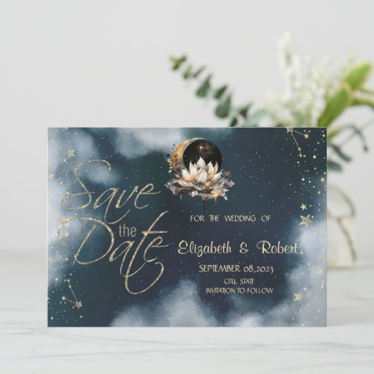 Hemelgouden zon, maan, sterren Lotus Night Sky Save The Date (Staand voorkant)