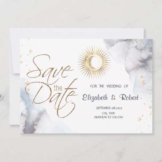 Hemelgouden zon, maan, sterren save the date (Voorkant)