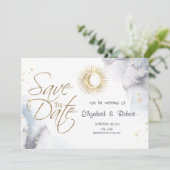 Hemelgouden zon, maan, sterren save the date (Staand voorkant)