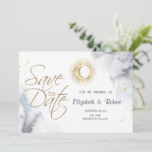 Hemelgouden zon, maan, sterren save the date (Staand voorkant)