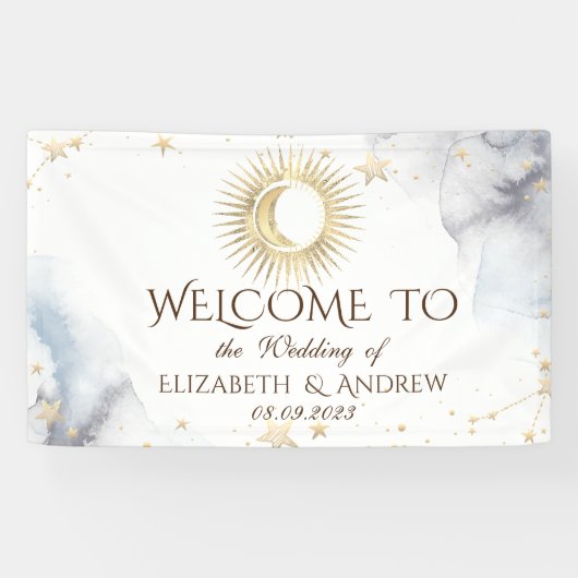 Hemelgouden zon, maan, sterren spandoek (Horizontaal)