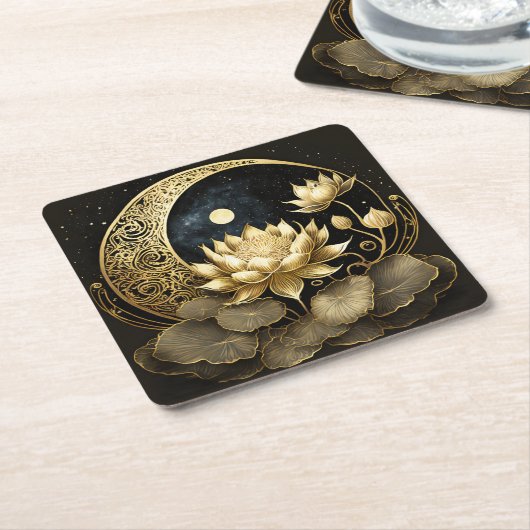 Hemelmaan en lotusbloem kartonnen onderzetters (Schuin)