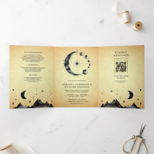 hemelmaan fases bruiloft drieluik uitnodiging (Binnen)