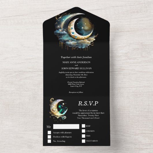 Hemelmaan mystieke sterrennacht zwart blauw all in one uitnodiging (Binnen)