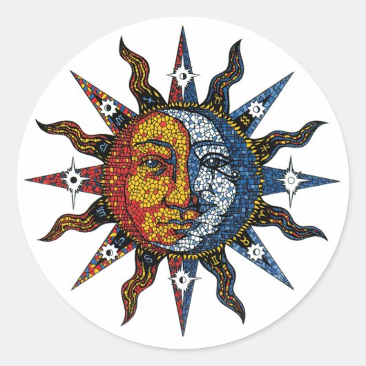 Hemelmozaïek Zon en Maan Ronde Sticker (Voorkant)