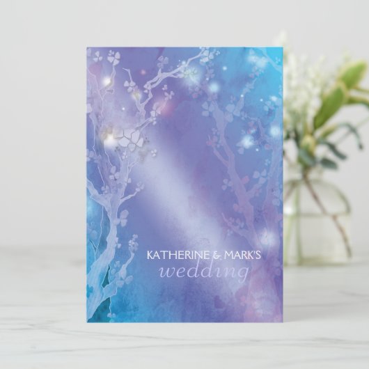 Hemels bos glinsterende blauwe bruiloft kaart (Staand voorkant)
