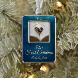 Hemels Diepblauw Onze Eerste Kerstmis Samen Verzilverd Omlijst Ornament