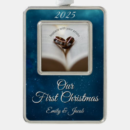 Hemels Diepblauw Onze Eerste Kerstmis Samen Verzilverd Omlijst Ornament