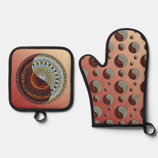 Hemels en hellemandala ovenwant & pannenlap set (Voorkant)