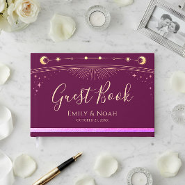 Hemels Fuchsia Goud Zon Maan Sterren Bruiloft Gastenboek