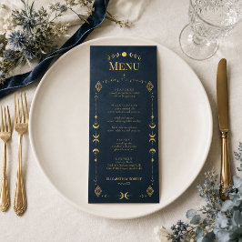 Hemels gotisch middernachtblauw gouden trouwmenu menu