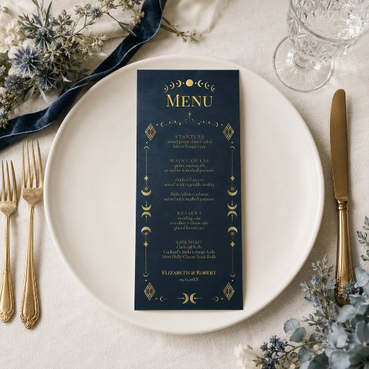 Hemels gotisch middernachtblauw gouden trouwmenu menu