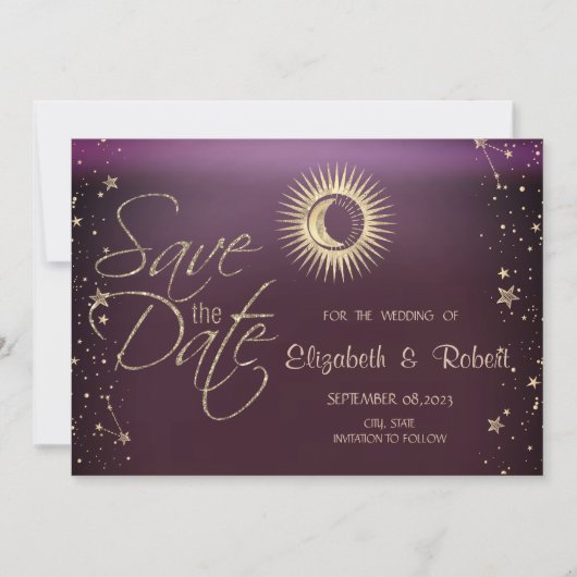 Hemels Goud Zon En Maan Sterren Bourgondiër Save The Date (Voorkant)