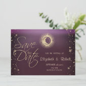 Hemels Goud Zon En Maan Sterren Bourgondiër Save The Date (Staand voorkant)