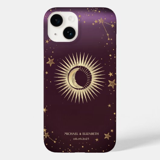 Hemels Goud Zon En Maan Sterren Bourgondiërrood Case-Mate iPhone Case (Achterkant)