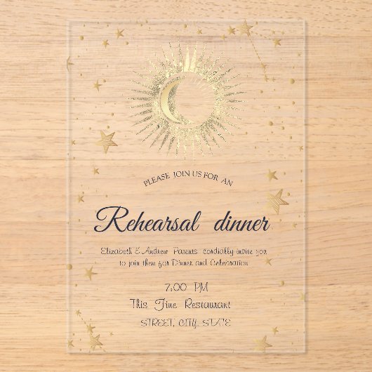 Hemels Goud Zon,Maan,Sterren Waterverf  Acryl Uitnodigingen (Voorkant)