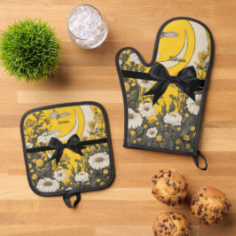 Hemels Gouden Maan Bloem Vlinder Zwarte Strik Ovenwant & Pannenlap Set