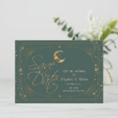 Hemels Gouden Maan Sterren Frame Groen Save The Date (Staand voorkant)