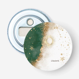Hemels Gouden Zon En Maan Sterren Groen Button Flesopener