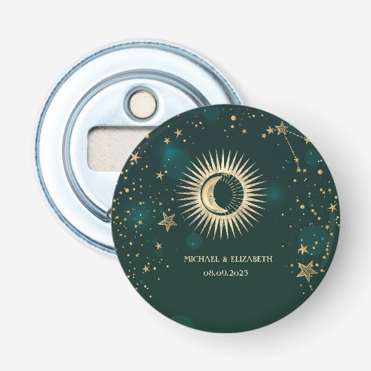 Hemels Gouden Zon En Maan Sterren Groen Button Flesopener (Voorkant)