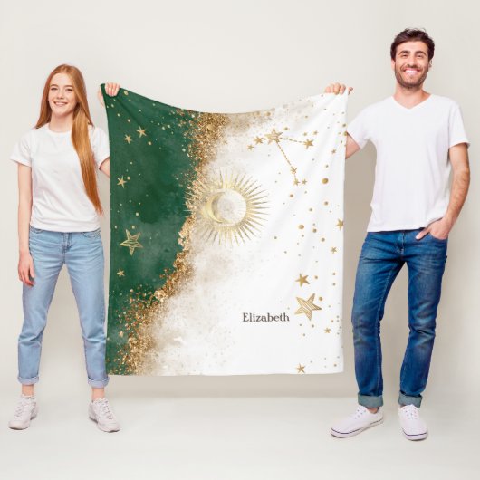 Hemels Gouden Zon En Maan Sterren Groen Fleece Deken (In situ)