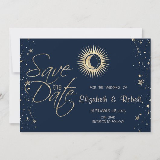 Hemels Gouden Zon En Maan Sterren Save The Date (Voorkant)