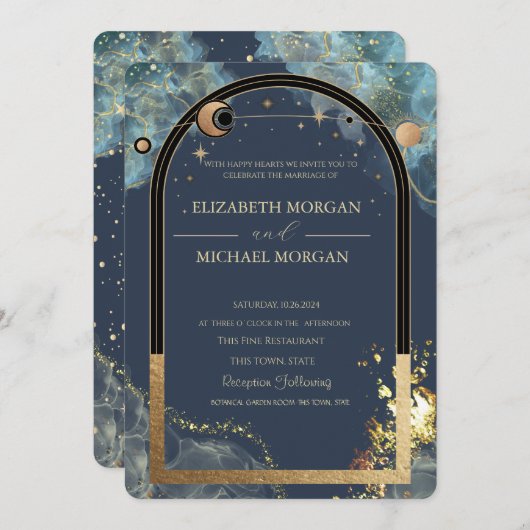 Hemels Gouden Zon Maan Goud Glitter Bruiloft Kaart (Voorkant / Achterkant)