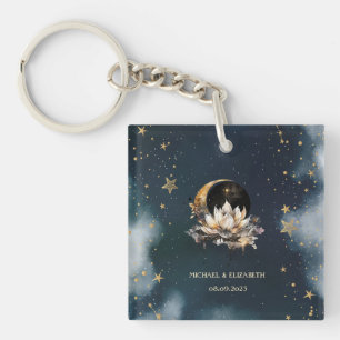 Hemels gouden zon, maan, lotus sterren nachthemel sleutelhanger