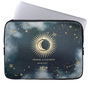 Hemels Gouden Zon, Maan, Sterren Nachtelijke Lucht Laptop Sleeve