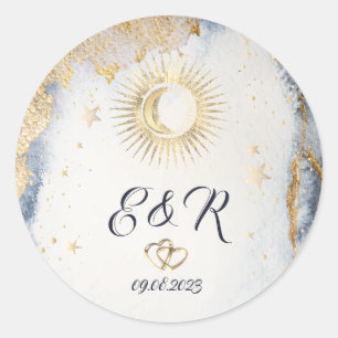 Hemels Gouden Zon, Maan, Sterren Waterverf  Ronde Sticker