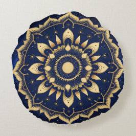 Hemels Maan Mandala Ontwerp | Marineblauw & Goud S Rond Kussen