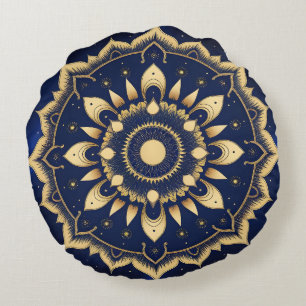Hemels Maan Mandala Ontwerp Marineblauw & Goud S Rond Kussen
